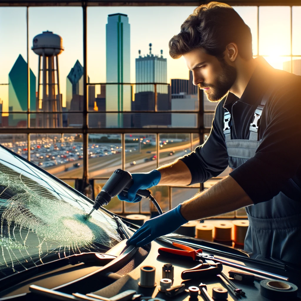 "Technician installing a new windshield at a Dallas service center with the city skyline in the background."