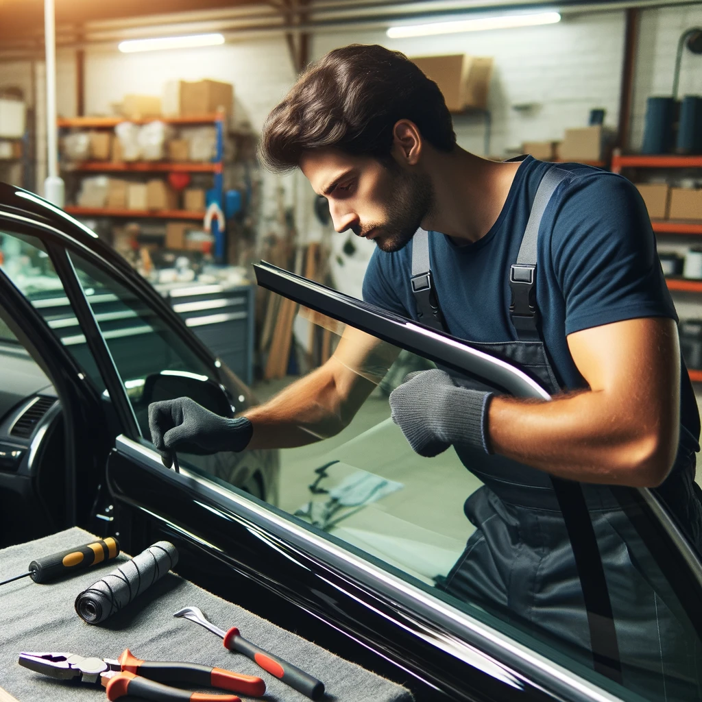 A skilled auto glass technician carefully installing a new side window on a car, ensuring precise alignment and secure placement.