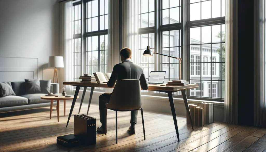 Professional setting for window replacement advice with a person at a desk, large windows in the background.