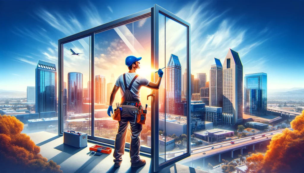 A professional window installer replacing a large window with the modern San Diego skyline in the background. The installer is wearing a uniform and safety gear on a bright, sunny day, highlighting the clarity and quality of the new window being installed.