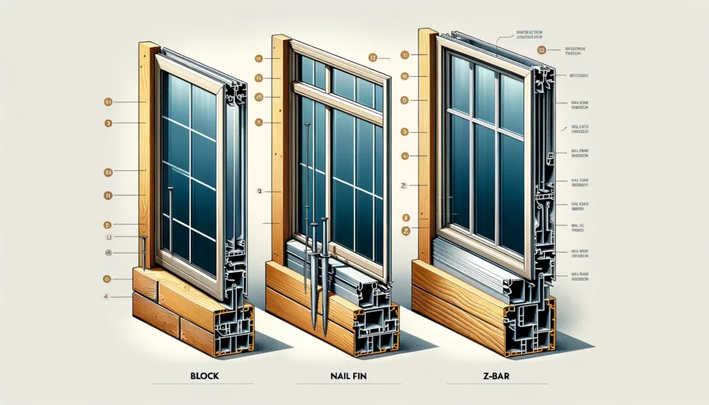 "Detailed cross-sectional diagrams of three Milgard window installation methods: Block, Nail Fin, and Z-Bar. The diagrams illustrate the structural components and installation techniques, emphasizing precise rough opening sizes for professional window installation."