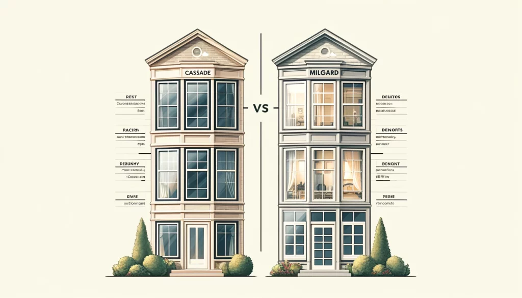 Comparison of Cascade vs. Milgard windows, showcasing two houses side by side with detailed features and characteristics of each window brand, highlighting design, durability, and functionality.

