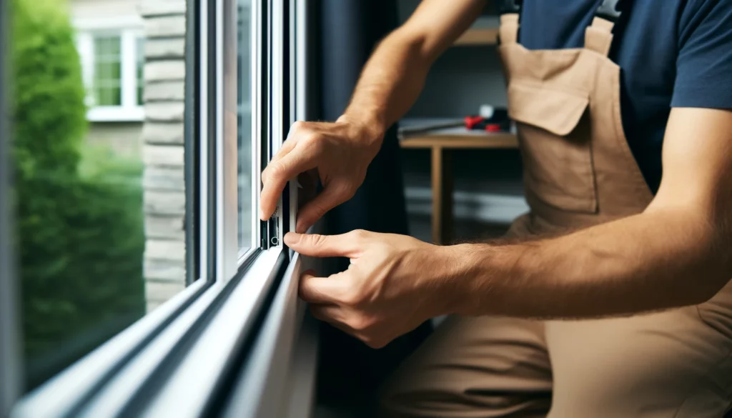 "Close-up of a professional performing a detailed replacement window installation"

