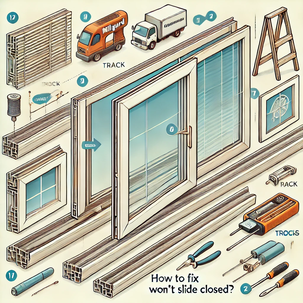 Fix Milgard Windows Not Sliding - Window frame, track, tools, step-by-step, arrows.

