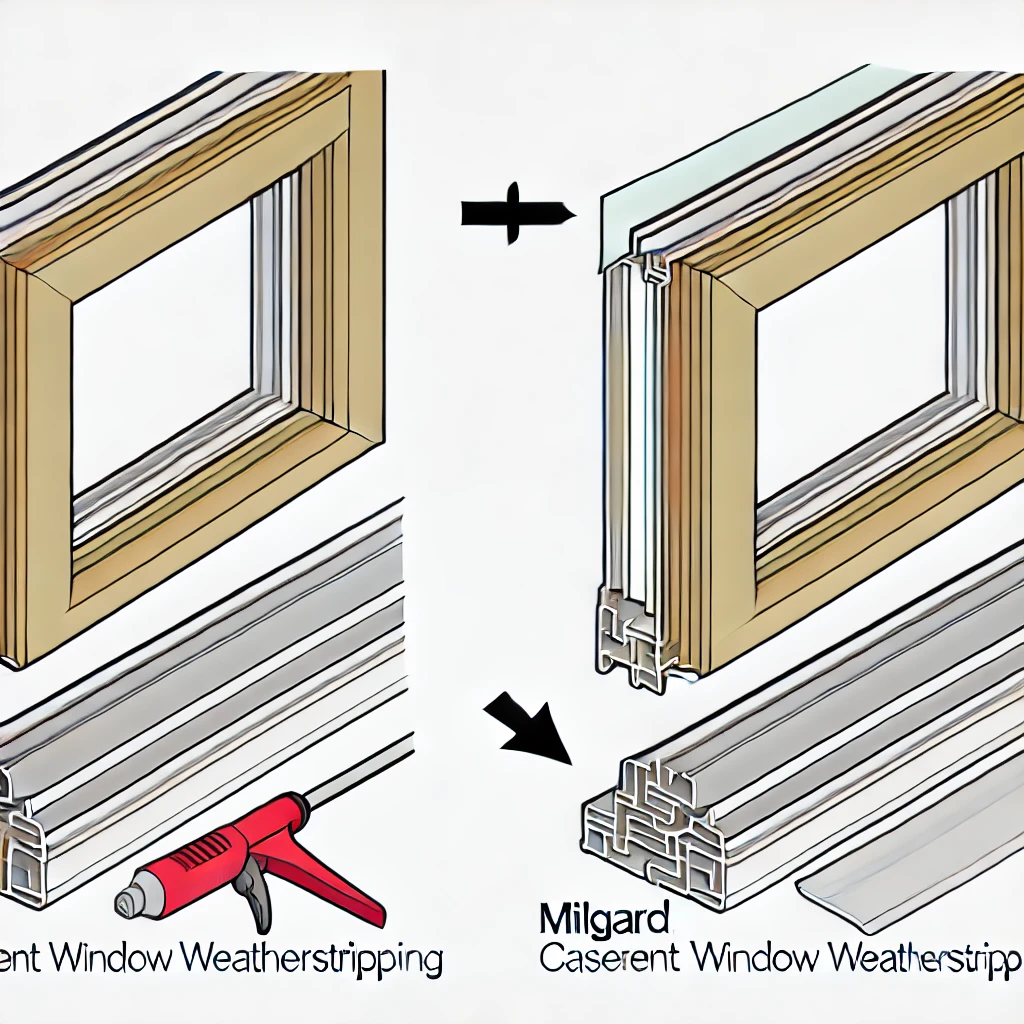 Milgard Casement Window Weatherstripping - Window frame, weatherstripping material, installation steps, arrows.

