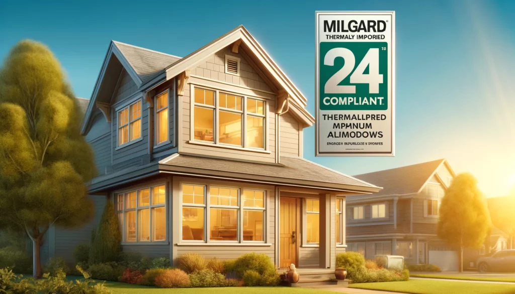 "Milgard thermally improved aluminum windows with a Title 24 compliant label on a modern house"

