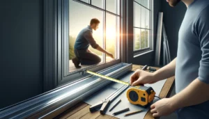 "Blueprint and measurement tools for Milgard window rough opening sizes on a table next to a window. The setup includes a tape measure, calipers, screws, and architectural plans, emphasizing precision and professional window installation."