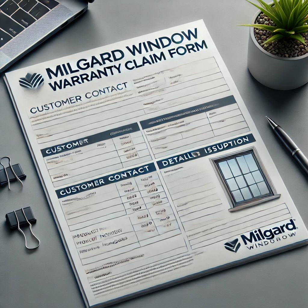 Milgard Window Warranty Claim Form - customer information, product details, issue description, Milgard logo, wooden desk, pen, coffee cup.