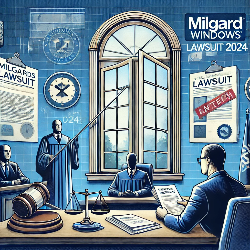 Milgard Windows Lawsuit 2024 - Courtroom scene, judge, legal documents, Milgard Windows.

