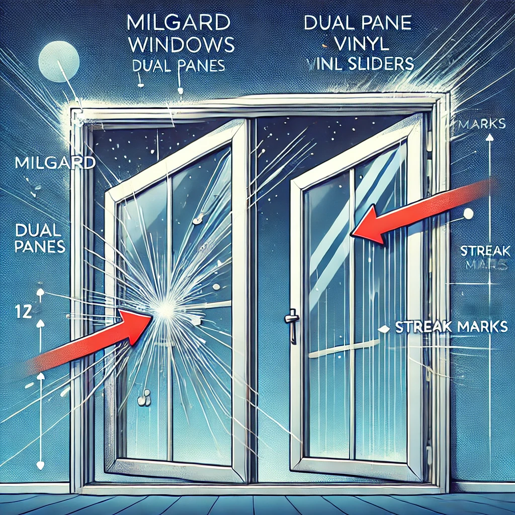 Milgard Windows Streak Marks - Dual pane, vinyl sliders, window frame, arrows, issue.

