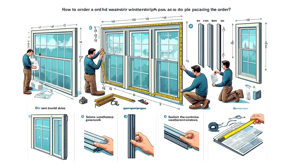 "Step-by-step guide on ordering and installing weatherstrip for old Milgard casement windows. The image illustrates measuring, selecting, and applying the weatherstrip with various tools and methods."