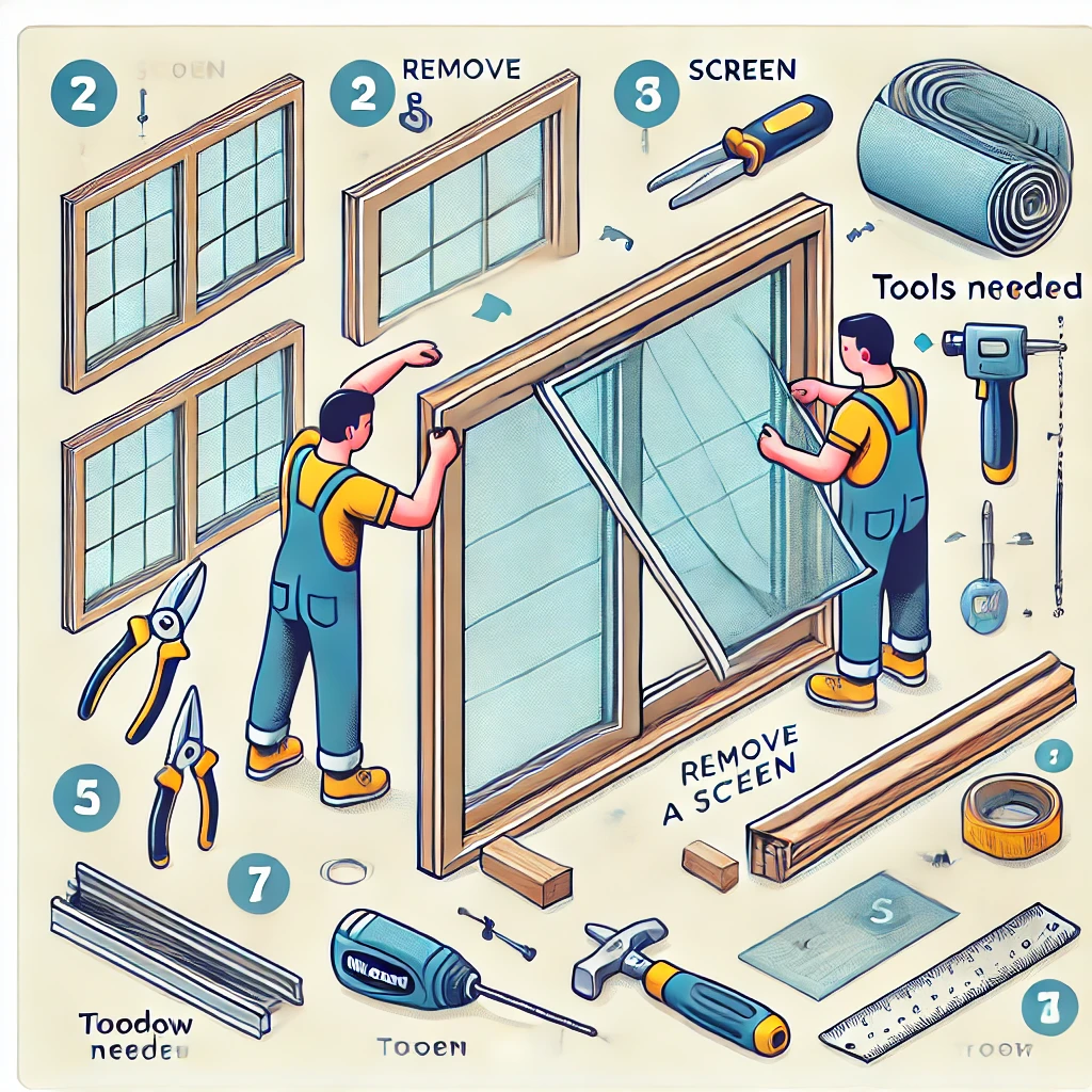 Remove Screen Milgard Windows - Window frame, screen, tools, step-by-step, arrows.

