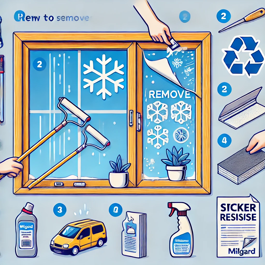 Remove Sticker Residue Milgard Windows - Window frame, cleaning tools, step-by-step, arrows, cleaning process.

