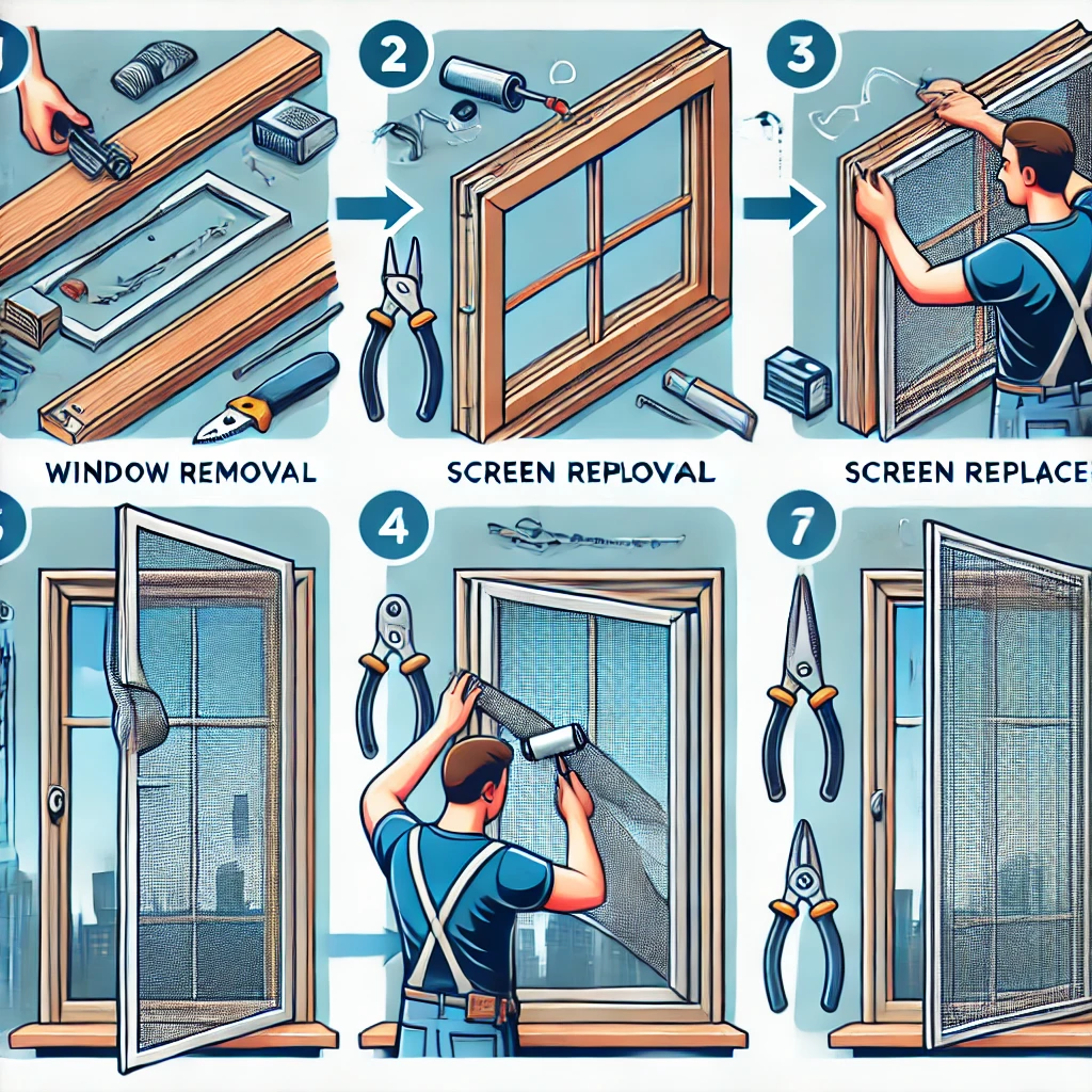 Remove and Replace Window Screen - Window frame, screen removal, screen replacement, tools, steps.