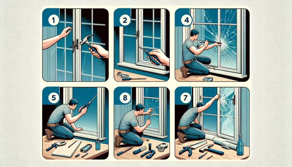 "Step-by-step illustration of removing fixed window glass from Milgard windows. The process involves various tools like a hammer, screwdriver, and safety gear, showcasing the careful steps required for safe and efficient removal."