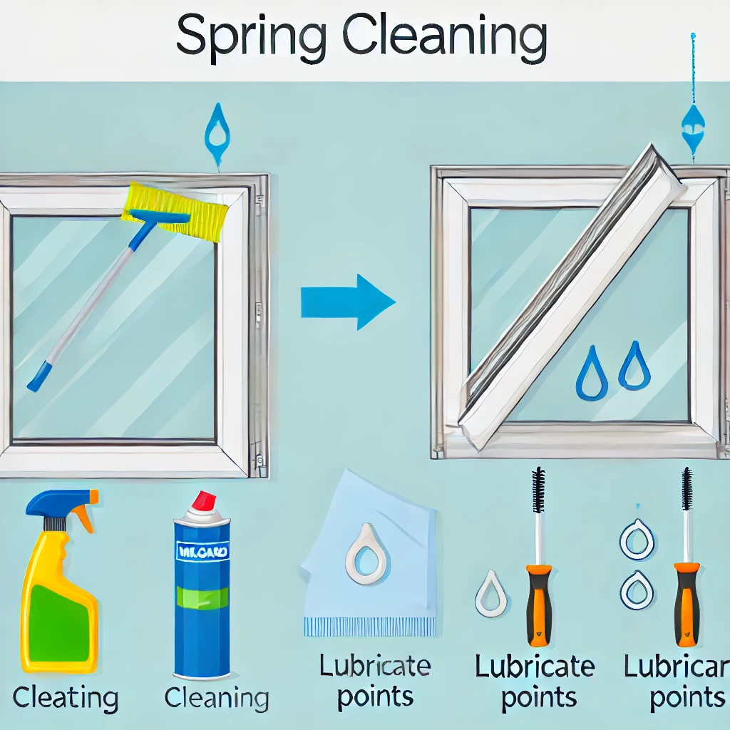 Spring Cleaning Tips Milgard Windows - Window frame, cleaning tools, lubrication points, step-by-step, arrows.

