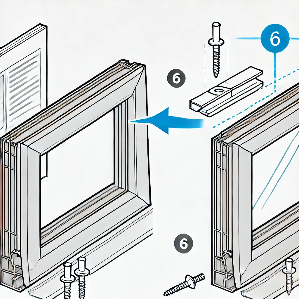 Window Installation - Window frame, shims, fasteners, arrows, installation sequence.

