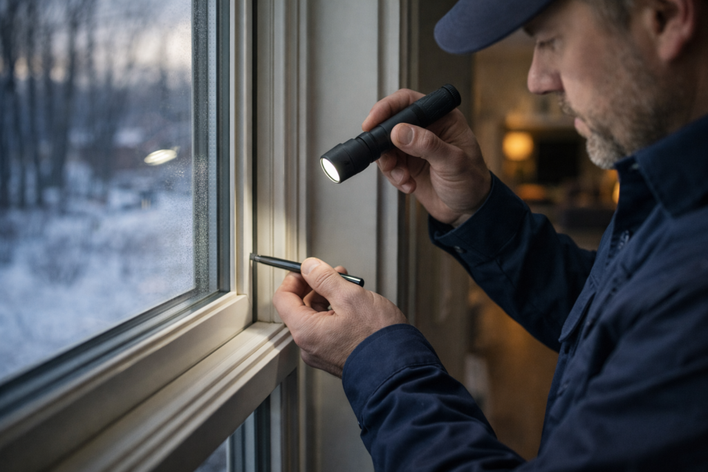 Window technician inspecting double-pane window