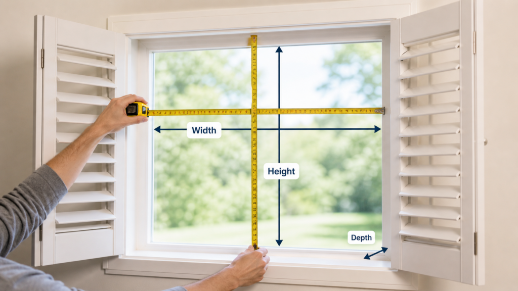 Window measurement guide with tape measure