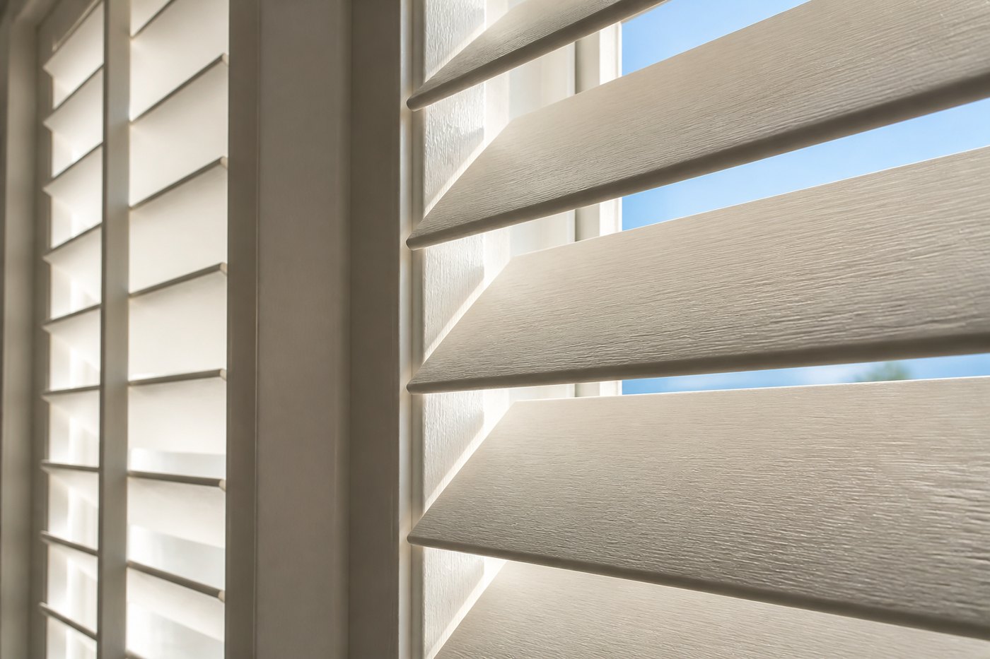 Close-up of white plantation shutter louvers tilted open against a clear blue sky