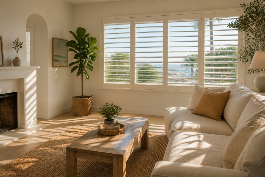 Coastal San Diego living room with white plantation shutters open to palm-framed light